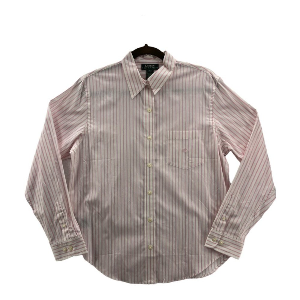 LRL Ralph Lauren Mens Button Front Shirt White Pink Striped Long Sleeve Cotton L